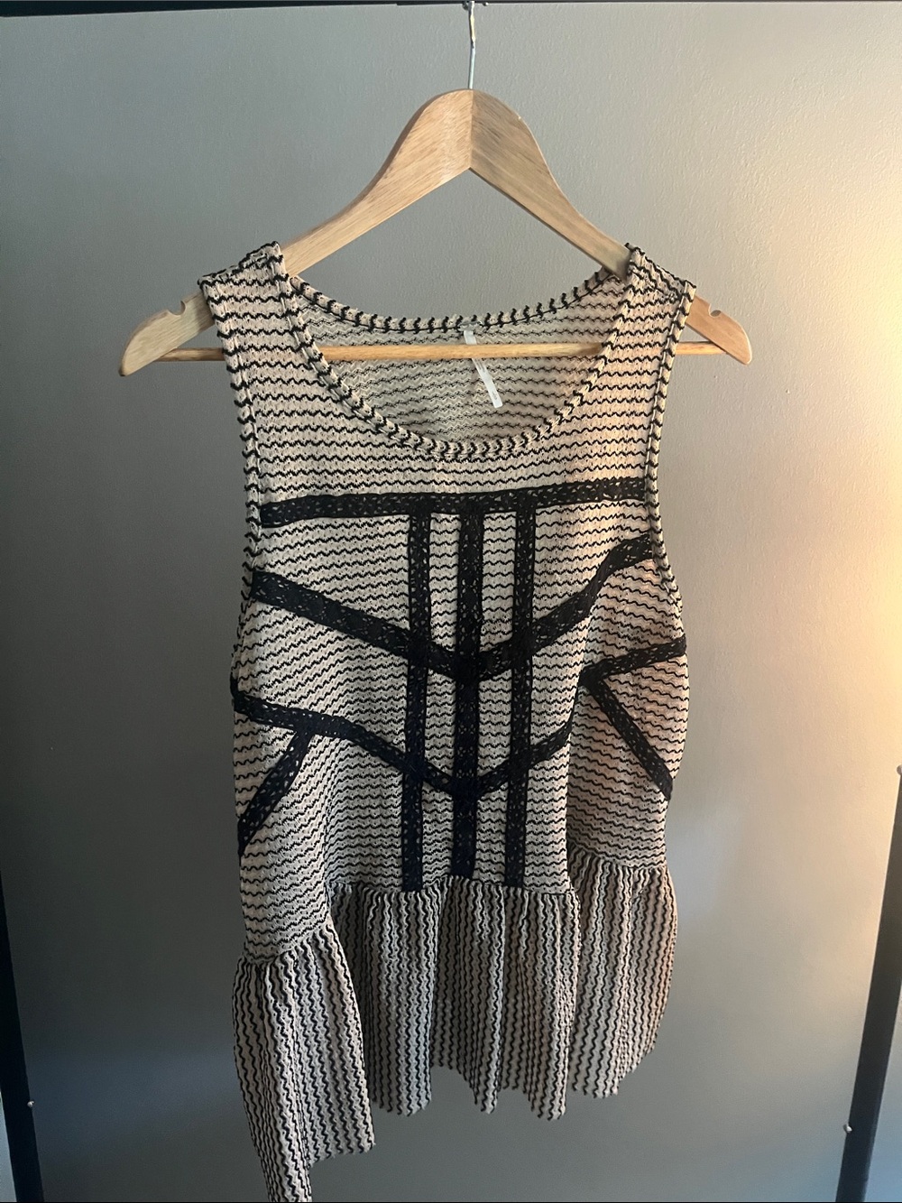Free People Cream Tank with Black Geometric Stitching